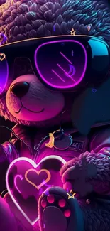 Cute teddy bear in neon sunglasses with glowing heart.