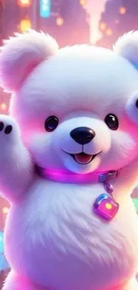 Adorable teddy bear with neon city background, perfect for a lively phone wallpaper.