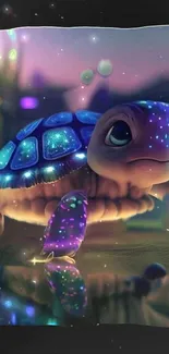 Charming neon baby turtle in magical colors.