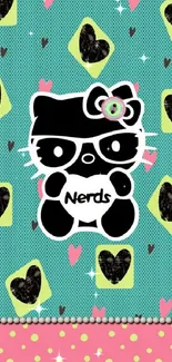 Cute black and white nerdy cat with hearts wallpaper.