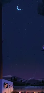 Cute characters camping under starry night sky with crescent moon.