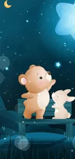 Cute cartoon bear and bunny under a starry night sky.