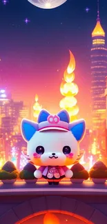 Cute cartoon cat on city rooftop at night with vibrant lights.