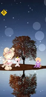 Cute teddy bears by a lake under a starry sky, reflecting serene night vibes.