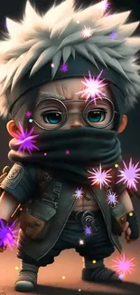 Cute chibi ninja character with gray hair and mask, vibrant phone wallpaper.