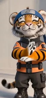 Cute tiger in ninja outfit mobile wallpaper.