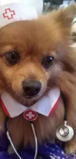 Cute dog dressed as a nurse with stethoscope.