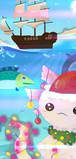 Cute Christmas creature in ocean with ship and fish.