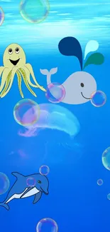 Cute ocean creatures with bubbles on a blue background for mobile wallpaper.