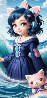 Cute anime girl with blue hair and ocean waves.