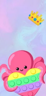 Cute pink octopus with rainbow pop-it and crown on pastel background.