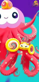 Cute cartoon octopus with playful design in vibrant red hues.