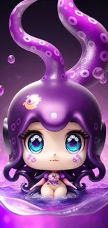 Cute cartoon octopus with big eyes and purple tentacles in vivid oceanic setting.