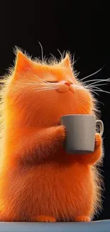 Cute orange cartoon cat holding a mug.
