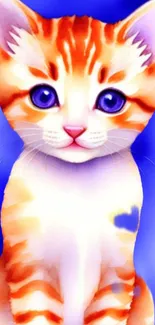 Adorable orange kitten with blue eyes on a watercolor background.