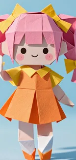 Cute origami-style cartoon character with pink hair and orange dress.
