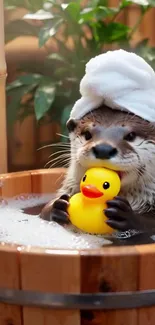 Cute otter holding a rubber duck in a bath.