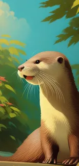 Illustration of a cute otter in a vibrant forest setting.