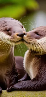 Two cute otters embracing in a natural setting.