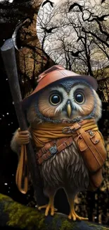 Whimsical owl with gear in moonlit forest.