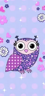 Adorable purple owl with floral patterns on a lavender background.