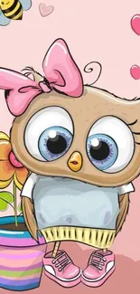 Cute cartoon owl with pink bow and colorful hearts.