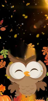 Cute owl with autumn leaves on a black background.