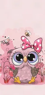 Cute cartoon owl with pink bow in a vibrant, playful mobile wallpaper.