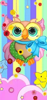 Colorful cartoon owl with stars mobile wallpaper.