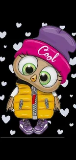 Cute cartoon owl wearing a pink hat with hearts on a black background.