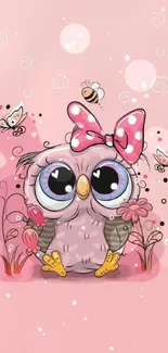 Adorable cartoon owl with pink bow on polka dot background.