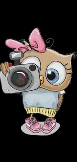 Cartoon owl with camera on black background.