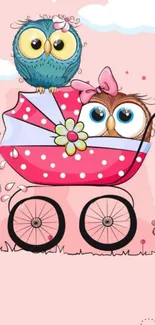 Cute owl cartoon wallpaper with a pink theme.