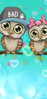 Cute owl couple with colorful hearts on teal background.