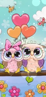 Adorable owl couple with heart balloons on a colorful background.