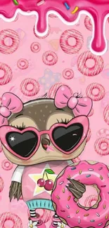 Cute pink owl wallpaper with donuts and heart sunglasses.