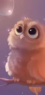 Cute fluffy owl sitting on a branch with a dreamy purple background.