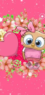 Cute owl with heart balloon on floral pink background wallpaper.