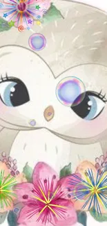 Adorable cartoon owl with floral backdrop.