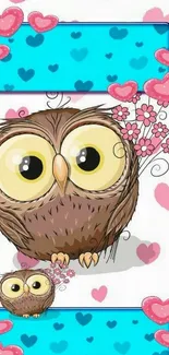 Cute owl and hearts mobile wallpaper with pink and blue accents.