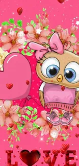 Cute owl with heart on pink floral background wallpaper.