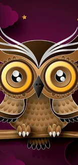 Cute cartoon owl with vibrant background on a purple wallpaper.