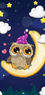 Cute cartoon owl sitting on a crescent moon surrounded by stars.