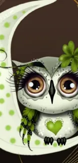 Cute owl perched on green dotted crescent moon with a whimsical design.