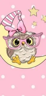 Cute owl with glasses on crescent moon in pink background.