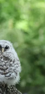 Fluffy baby owl perched on tree in lush green forest.