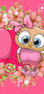 Cute cartoon owl with flowers on pink background.