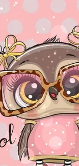 Adorable cartoon owl in big glasses on pink background.