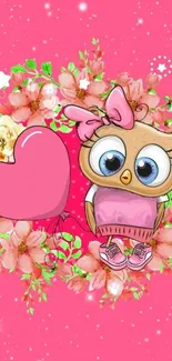 Cute owl with a heart on a pink floral background wallpaper.