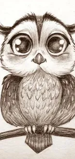 Pencil sketch of a cute owl with wide eyes sitting on a branch.